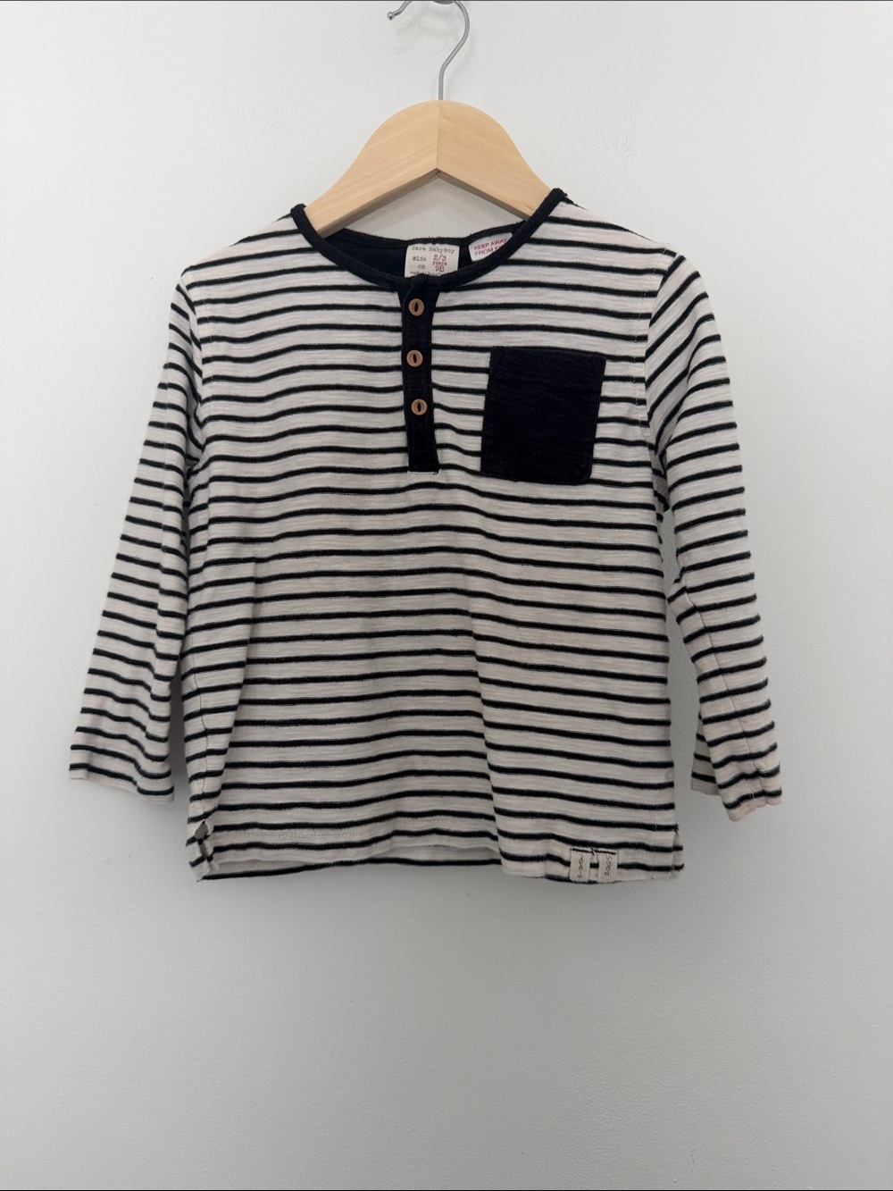 Zara Striped Long Sleeve Henley Top With Chest Pocket Black & White 2/3 Years